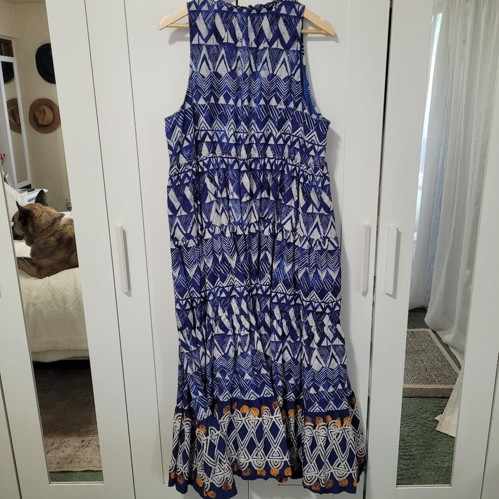 Anthropologie Tiered Abstract Maxi Blue Geometric Cotton Dress - Picture 12 of 12